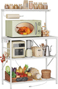 Huuger 4-Tier Bakers Rack with Reversible Power Outlet, 31.5 Inch Microwave Stand, Kitchen Bar, with Top Shelf, 6 S Hooks, White