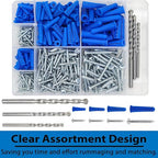 Easily 190 Pcs Wall Anchors and Screws for Drywall, Conical Concrete Wall Anchors and Screws Assortment Kit, Blue Conical Anchor and Self Tapping Screw with 3 Pcs Masonry Drill Bits, Four Sizes