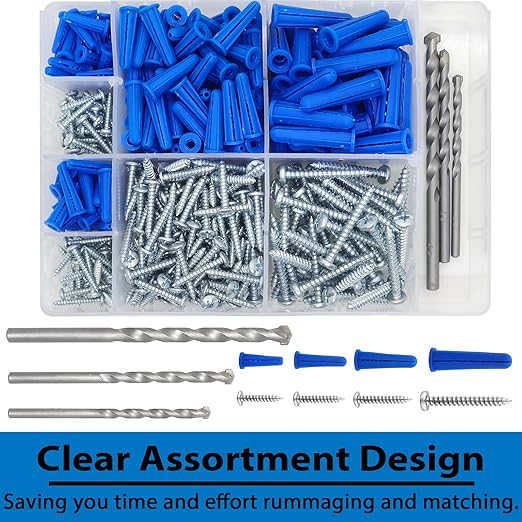 Easily 190 Pcs Wall Anchors and Screws for Drywall, Conical Concrete Wall Anchors and Screws Assortment Kit, Blue Conical Anchor and Self Tapping Screw with 3 Pcs Masonry Drill Bits, Four Sizes