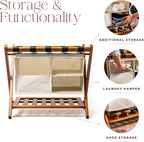 Fully Assembled 26.75" Folding Bamboo Luggage Rack Holder with Removable Laundry Bag & Storage Shelf – Heavy Duty, Space Saving Foldable Suitcase Stand for Guest Rooms, Bedrooms & Hotels - Holds 165 lbs