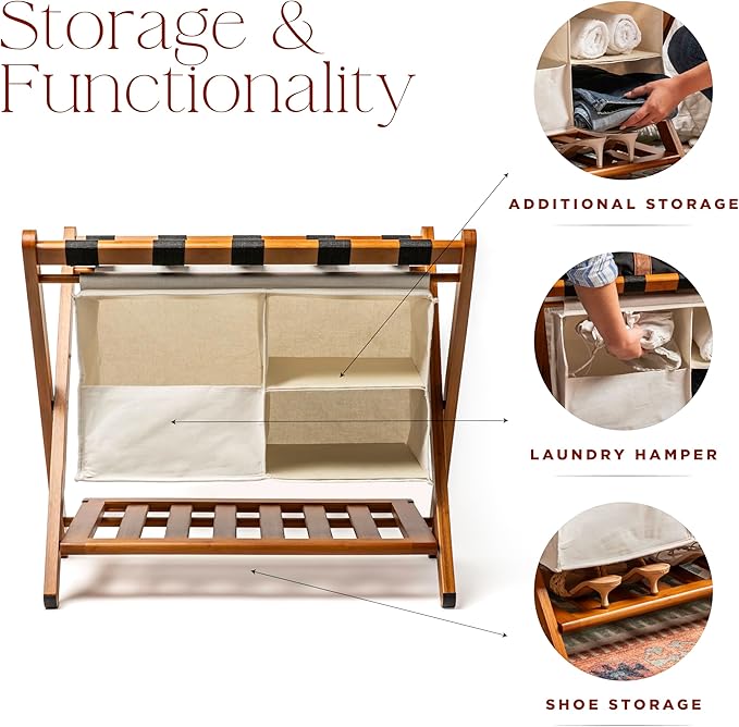 Fully Assembled 26.75" Folding Bamboo Luggage Rack Holder with Removable Laundry Bag & Storage Shelf – Heavy Duty, Space Saving Foldable Suitcase Stand for Guest Rooms, Bedrooms & Hotels - Holds 165 lbs