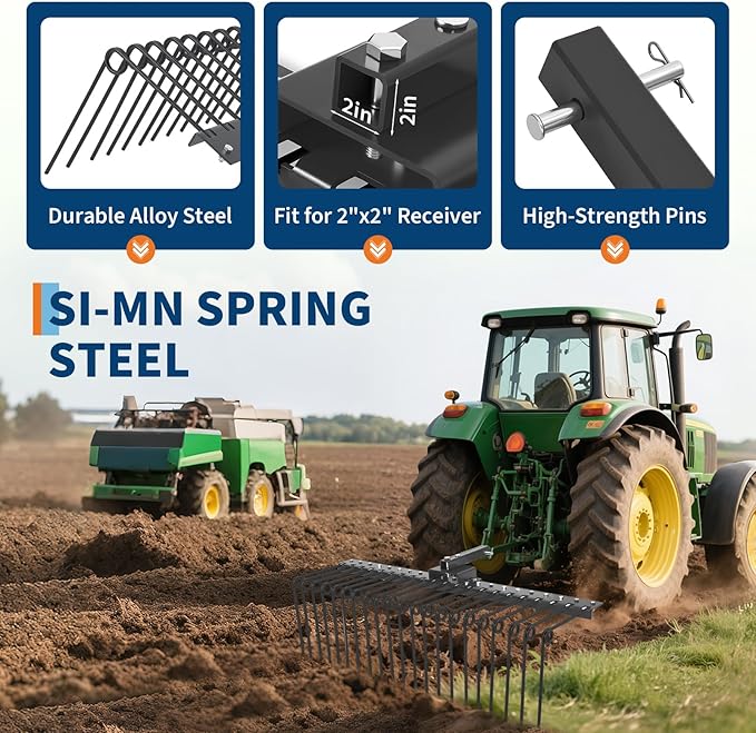 Pine Straw Rake, 48 Inch Landscape Rake for 2" Receiver, Fits Lawn Tractors & ATV/UTV | Heavy-Duty Powder Coated Steel Construction | Yellow