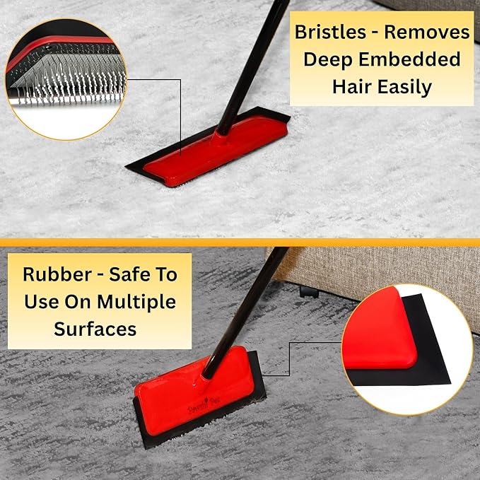 Dog Hair Carpet Rake – Cat and Dog Carpet Hair Removal Tool with Flex and Grab Bristles and Tri-Flex Rubber Edge – Adjustable Handle for Easy Fur Removal on Stairs Furniture Pet Beds Cat Towers