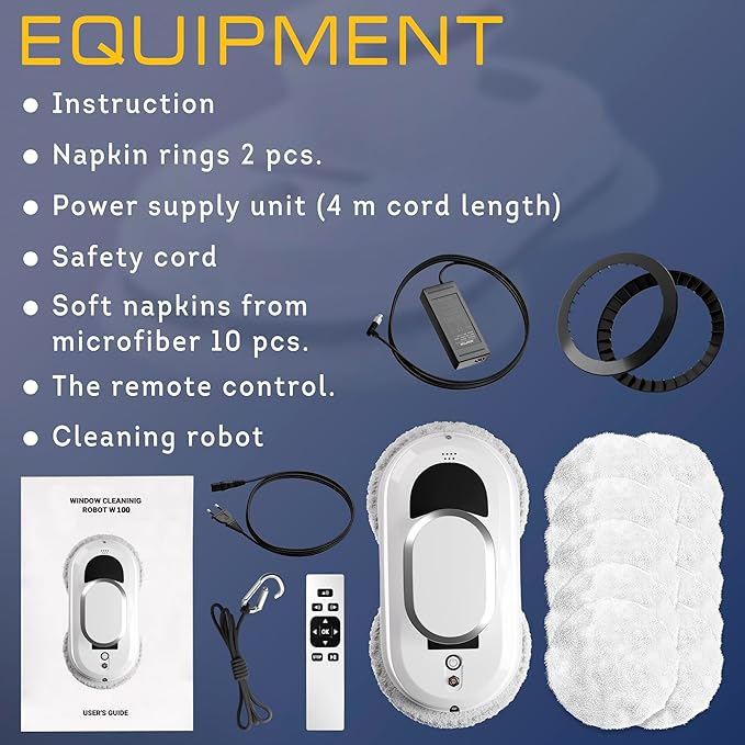 White Automatic Window Cleaner Robot W100, 11.8 x 5.9 x 4.7 Inch with 3 Modes and 10 Cloth Pads. Window Vacuum Cleaner for Windows Without Water Spray. Automatic Glass Cleaner Vacuum, 72dB