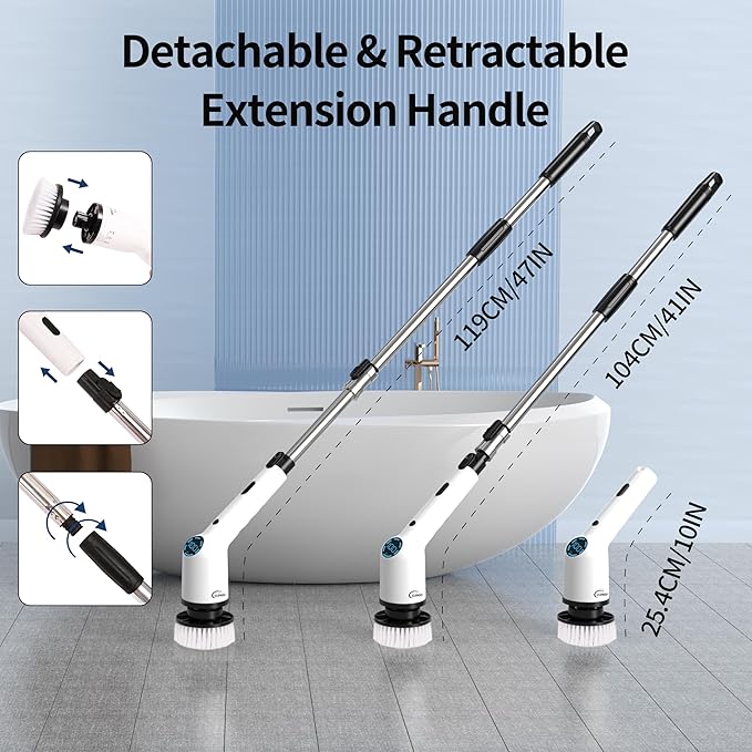 Electric Spin Scrubber, 9 in 1 Cordless Cleaning Brush with Type C USB Port, Charger, 3 Adjustable Speed, LED Display, Electric Scrubber for Cleaning Bathroom Tub Tile Floor (Fixed Head)