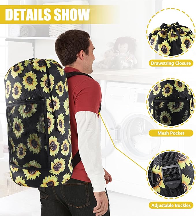 Laundry Bag Backpack, Extra Large Travel Laundry Bag with Mesh Pocket & Adjustable Shoulder Straps,Dirty Clothes Travel Bag for College Students Dorm,Apartment(Sunflower)