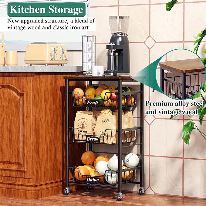 4-Tier Small Kitchen Storage Cart on Wheels, Metal Fruit Basket Stand with Pull-Out Baskets & Wood Top for Potato Onion Produce Snack Veggies