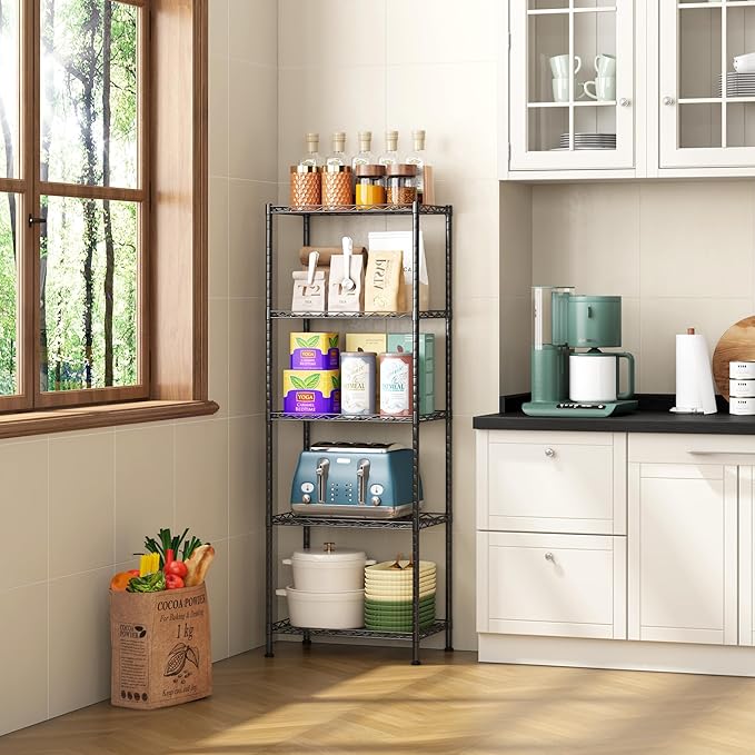 HOMEFORT 5-Shelving Unit, Adjustable Wire Shelving, Metal Wire Shelf Rack Organizer for Kitchen, Pantry, Closet, Bathroom, Laundry, Black,21" W x 11" D x 59" H