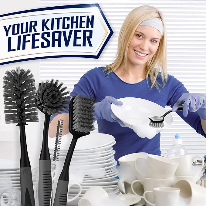 Dish Brush Set of 4 with Bottle Water Brush, Dish Scrub Brush, Scrubber Brush and Straw Brush - Kitchen Scrub Brushes Ergonomic Non Slip Long Handle for Cleaning Cleaner Wash Dish Sink Dishes Cup Pot