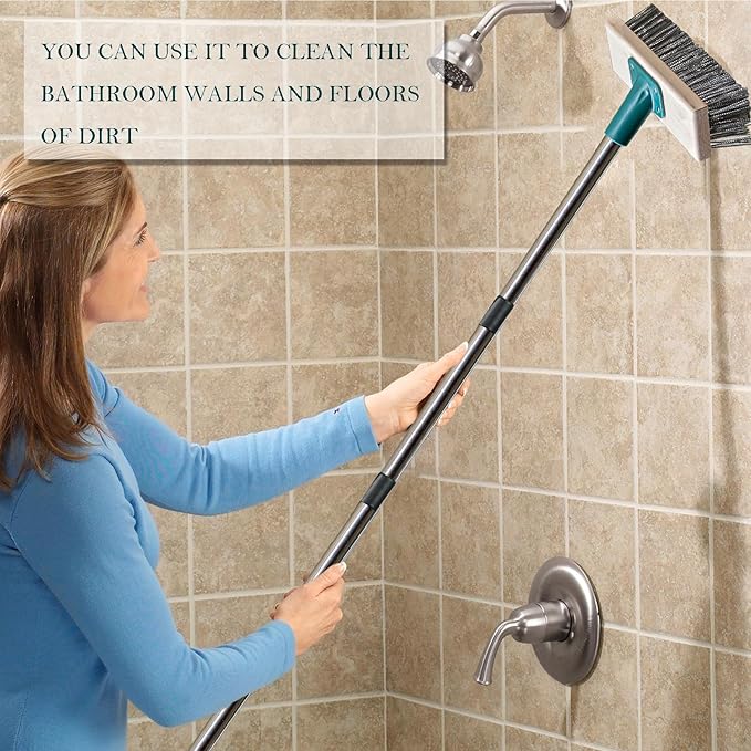 Push Broom Brush Stainless Steel Wire Scrub Brush with Long Handle for Moss, Tough Stains on Deck, Grout, Garage, Patio