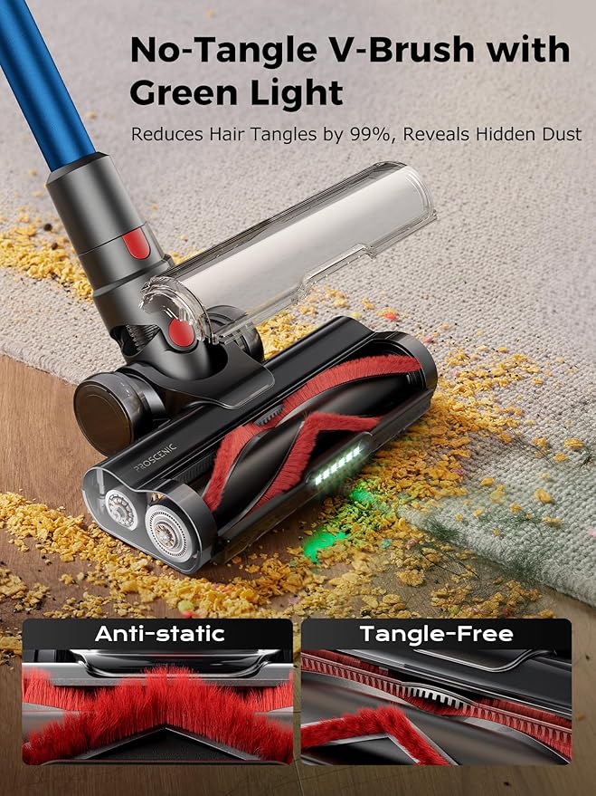 Proscenic Cordless Vacuum Cleaner, 45Kpa 55Mins Runtime, 180°Bendable Wand, Vacuum Cleaners for Home with Green Light, Anti-Tangle Brush, Rechargeable Lightweight Stick Vacuum for Pet Hair, P16(Blue)
