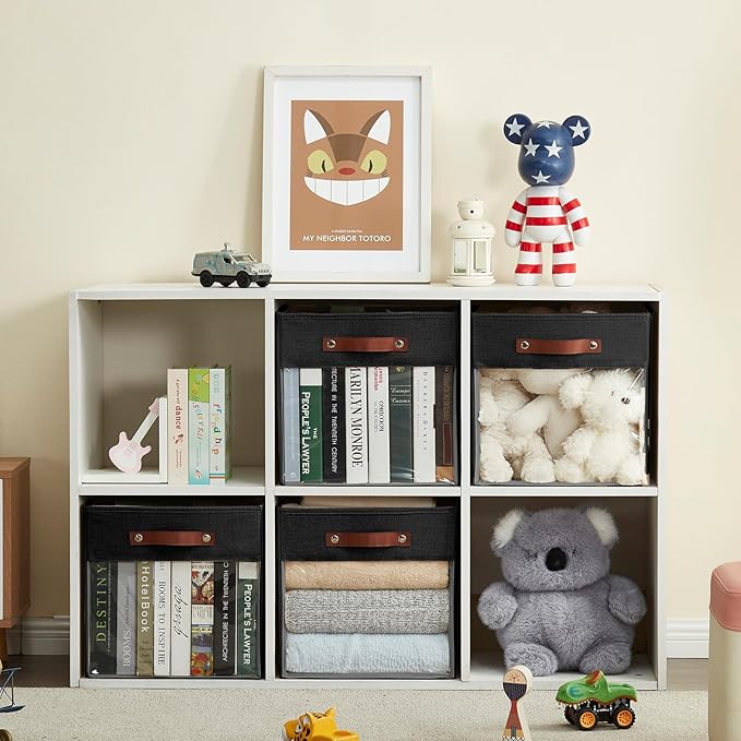 Storage Cube Organizer with Clear Window, Linen Collapsible Storage Boxes with PU Handles, Cube Storage Bins for Shelf, Closet, Cabinet, Bookcase (13x13x13, Black)