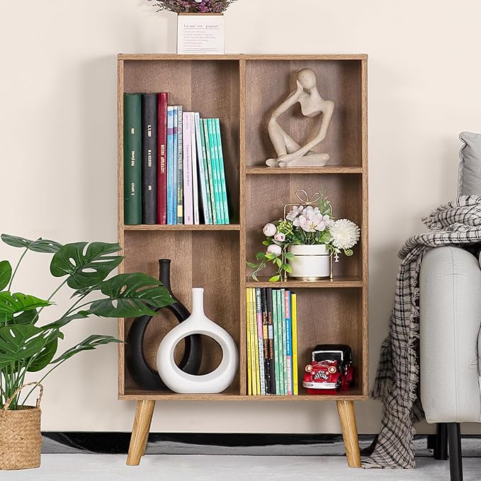 LEYAOYAO 5 Cube Small Bookshelf,3 Tier Mid-Century Bookcase with Legs,Wood Kids Bookshelves Storage Organizer Shelf,Free Standing Narrow Book Shelves,Oak Grey Corner Bookcases for Bedroom,Living Room