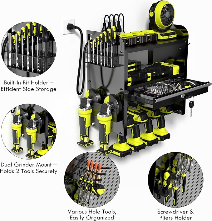 KSVO Power Tool Organizer Wall Mount with Drill Rack & Locking Drawers - Heavy Duty Metal Tool Shelf for Garage, Workshop, Shed, Basement Tool Organization - Gift for Men/Father (Black)