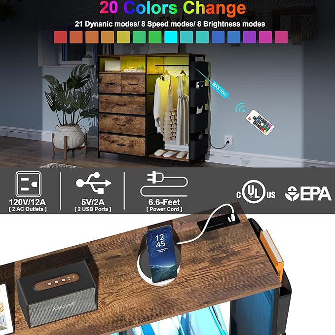 Dresser for Bedroom with Clothes Rack Side Pockets 5 Drawer Dresser with Charging Station LED Lights Black Storage Chest of Drawers for Hallway Closet Sturdy Steel Frame Wood Top (Brown)
