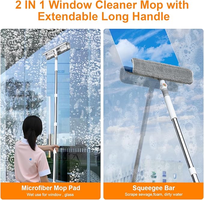 MUEE Window Cleaning kit,2-in-1 Adjustable Window Washing Squeegee Kit with Extension Pole,Squeegee Window Cleaner Tool with Scrubber and Rotating Head for Indoor and Outdoor Window