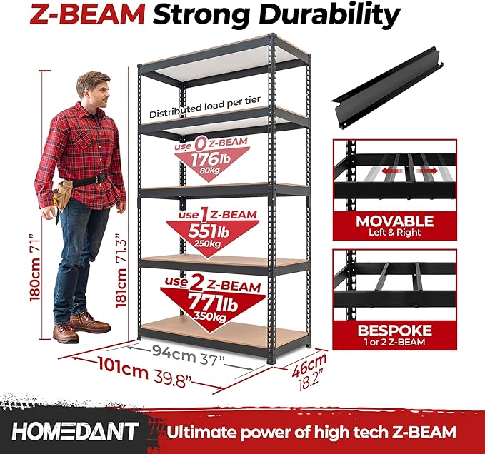 HOMEDANT 5-Tier Laminated Boltless Heavy Duty Metal Shelving Unit Adjustable Garage Storage Utility Rack Shelves Organization Shelf Warehouse Industrial 39.8" W x 18.2" D x 71.3" H 10Pack