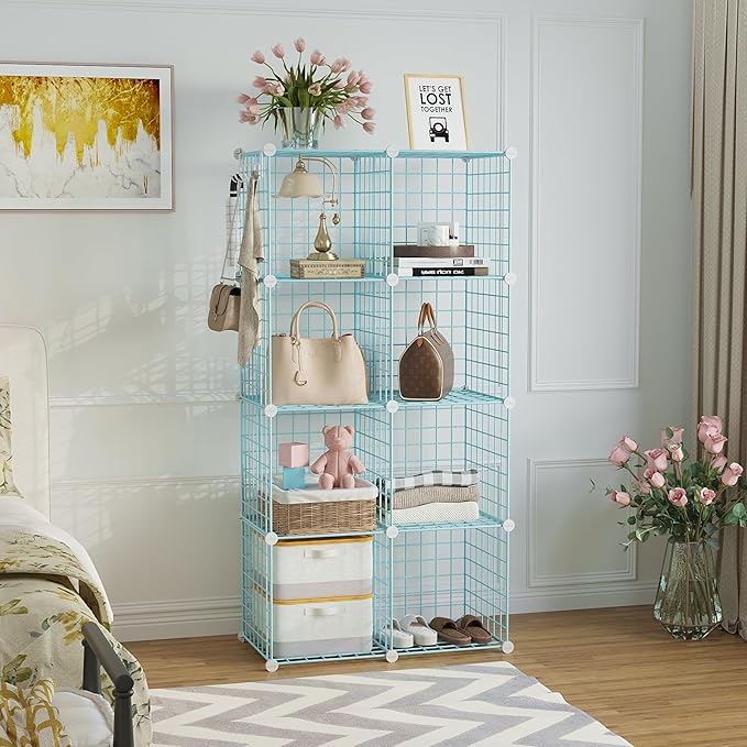 C&AHOME Wire Cube Storage, 8 - Cube Organizer Metal C Grids, Modular Shelves Units, Closet Organizer, Ideal for Home, Office, Living Room, 24.8" L x 12.4" W x 48.4" H, Blue UWCS3008B