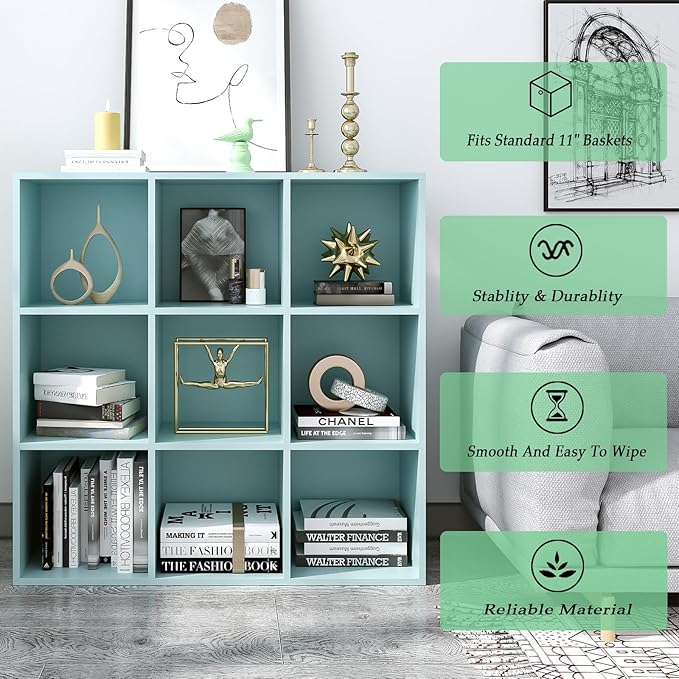 9-Cube Storage Shelf Bookcase - Wooden 3-Tier Floor Standing Open Bookshelf for Home and Office, Display Cabinet, Light Blue