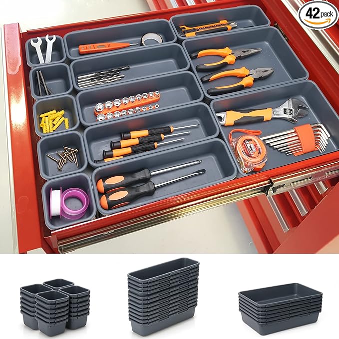KeFanta 42 Pack Tool Box Organizer Tool Tray Dividers, Rolling Tool Chest Cart Cabinet Workbench Desk Drawer Organization and Storage for Hardware, Parts, Screws, Nuts, Small Tools Organization(Grey)