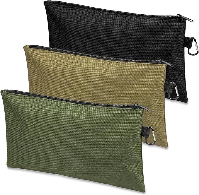 3 Pack Tool Bag Zipper Pouch, Premium Tool Pouch, Utility Multipurpose Storage Organizer Tool Pouches with Carabiner Metal Zipper for Tools, Stationary, Pencil Pouch (3 Pack, Tan, Navy Green, Black)