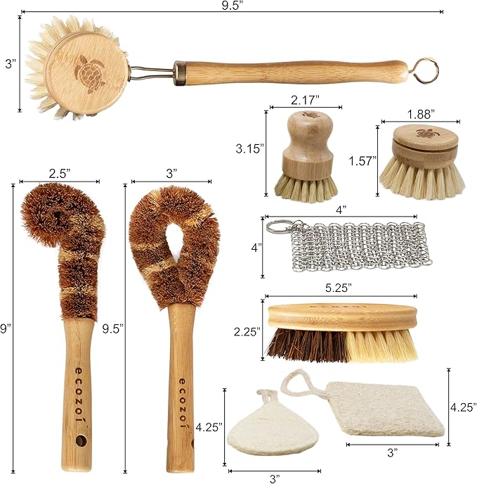 Bamboo Dish Brush Set, 9 Piece for Vegetable, and Kitchen Dish Cleaning, Sisal & Coconut Fibers with Bamboo Handles, Kitchen Brushes for Dishes, Pots, Pans