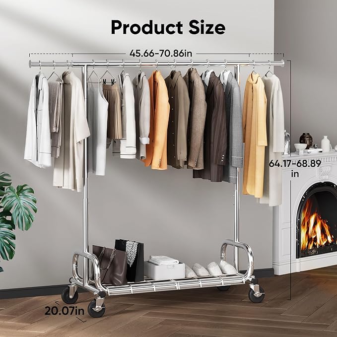 HOKEEPER Clothing Racks Heavy Duty Clothes Rack Adjustable Garment Rack for Hanging Clothes, Portable Coat Rack with Lockable Wheels, for Bedroom, Laundry, Balcony, Living Room 68.89''H*70.86''W*20"D