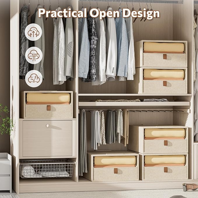 Closet Organizers and Storage 4-Pack Large Storage Bins with Drawers Stackable Fabric Clothes Organizers Storage Box Collapsible Closet Drawers Organizer (Beige, 21L*4)