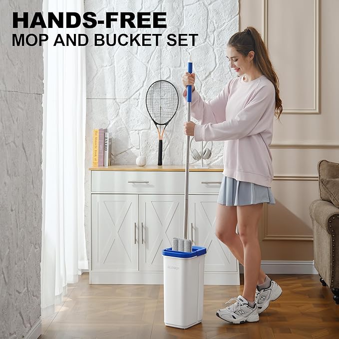 Mop and Bucket Set, Mops for Floor Cleaning with Long Handle, Squeeze Flat Mop and Bucket System, Dry & Wet Dust Mops for Household Floor Cleaning with 3 Microfiber Mops, Slate Blue