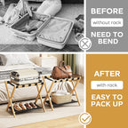 oakvivo Fully Assembled Luggage Racks Pack of 2, Bamboo Natural Foldable Luggage Rack for Guest Room, Suitcase Stand with Fabric Storage Shelf for Hotel, 5 Nylon Straps, 26.77" W x 16.93" D x 22.5" H