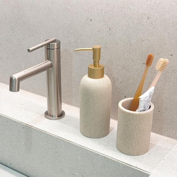 Lunestella Sand Beige Hand Soap Dispenser for Bathroom and Kitchen with Matte Gold Pump, Lotion, Dish Soap, Multiuse, Luxury Farmhouse Style, Sandstone Finish, Rust Proof, 7oz (Matte Gold)