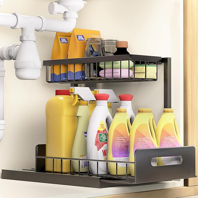 VUSIGN Under Sink Organizer, 2 Tier Pull Out Bathroom Cabinet Organizer, Under Kitchen Sink Organizers and Storage, Under Sink Shelf,1 Pack, Black