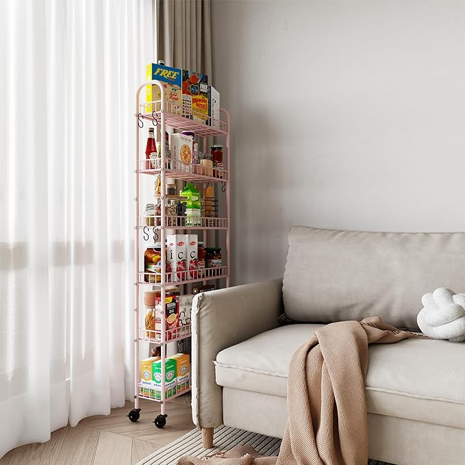 6 Tier Slim Rolling Storage Cart with Wheels, Metal Mobile Shelving Unit Organizer Utility Cart for Office Bathroom Kitchen Laundry Room Narrow Places (Pink 6 Inches)