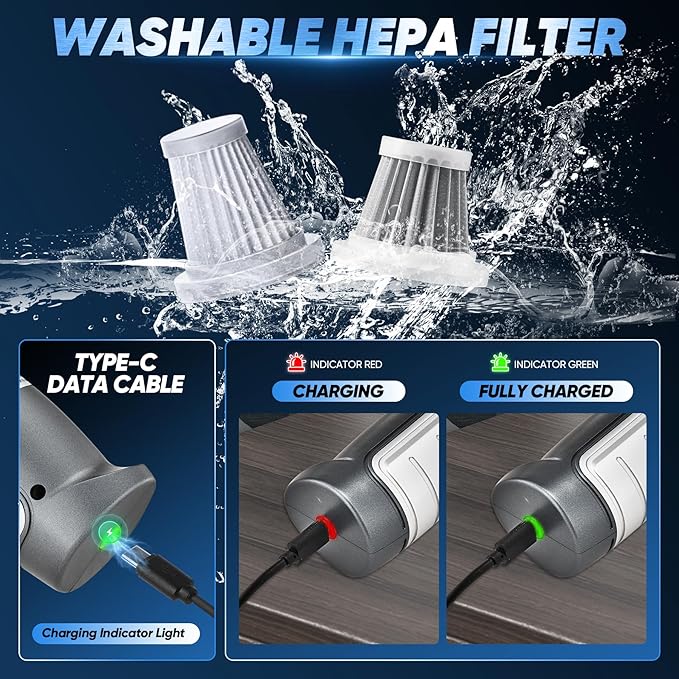 Saker Car Vacuum Cleaner Portable Cordless 14000PA,3 in 1 Handheld Car Vacuum with Brushless Motor One-Click Dust Removal for Cars,Office and Home Cleaning Dark Gray Silver