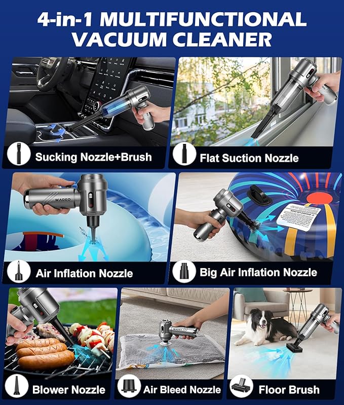 WADEO Car Vacuum Portable Cordless 18000PA, 4-in-1 Handheld Vacuum Cleaner and Air Duster with LED Display & Multi-Nozzles, Mini Hand Held Vacuum Rechargeable for Home, Car, Office, Pet Hair