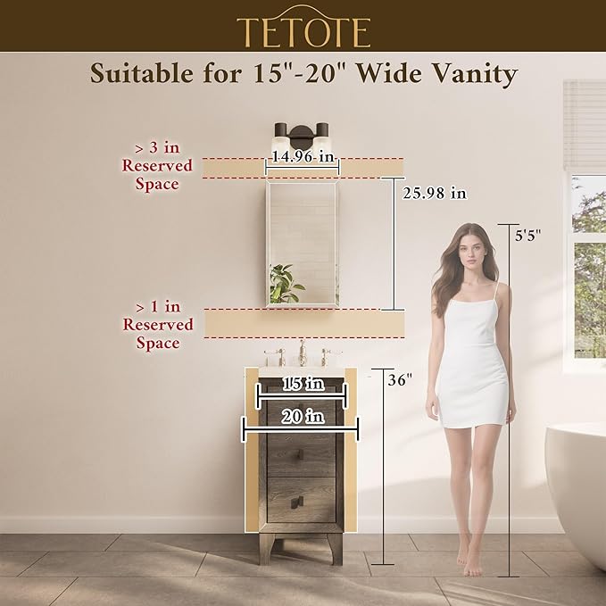 TETOTE 15 x 26 Mirrored Medicine Cabinets for Bathroom with Tempered Beveled Mirror White Medicine Cabinet Aluminum Cabinet DTC Hinges, Stepless Adjustable Shelves, Recessed/Surface-Mounted