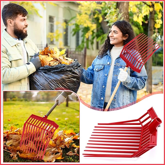 Lasnten 6 Pack Manure Fork Replacement Heads 12 Tines Heavy Duty Pitchfork Heads with Screws & Nuts Durable Horse Manure Rake for Picking up Grass Hay Animal Waste(Red)