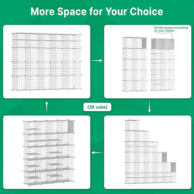 Wire Cube Storage Organizer, 20 Cubes Converted into 23 Cubes, Sturdy Metal Grids Storage Shelf Closet Shelving Units and Storage, Shelves for Bedroom LIvingroom Office