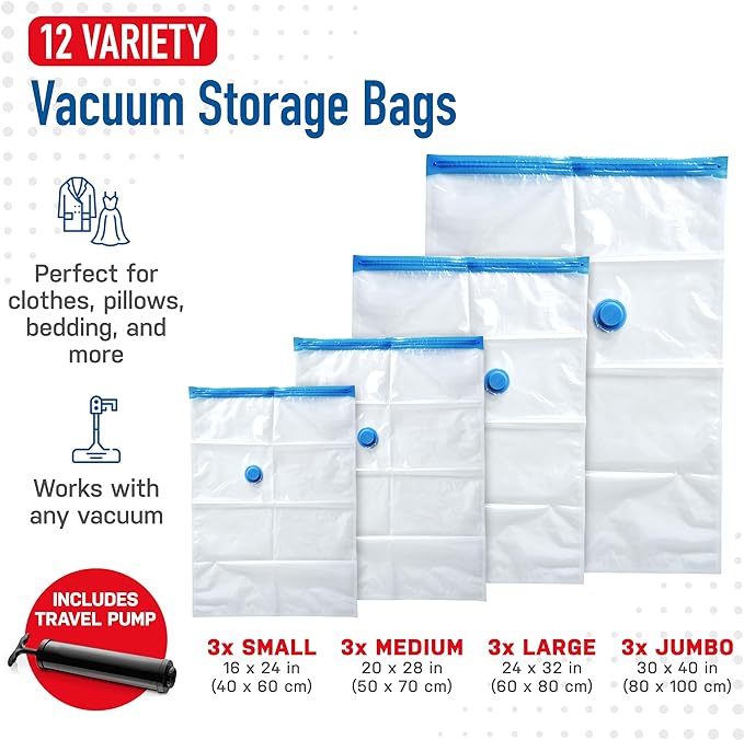 Spacesaver Variety Vacuum Storage Bags for Comforters, Blankets & Clothes – Sealed Compression Bags with Hand Pump – Space Saver Bags for Bedding,Travel & Organization - 3S, 3M, 3L & 3XL - Pack of 12