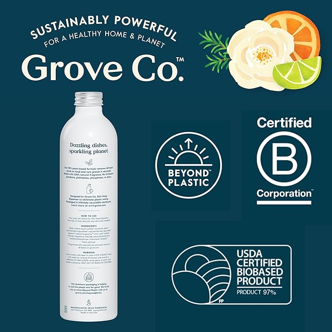 Grove Co. Ultimate Dish Soap Refills (3 x 16 Fl Oz) Removes 48-hr Stuck-on Food and Grease, Plastic Free Cleaning Products, 100% Natural Lavender Blossom & Thyme Fragrance