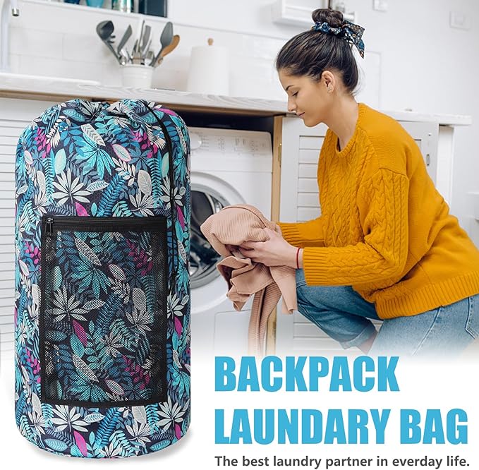 Green Leaf Portable Laundry Bag Backpack with Adjustable Straps & Drawstring Closure, Mesh Pocket - Ideal for College, Apartment, Camping