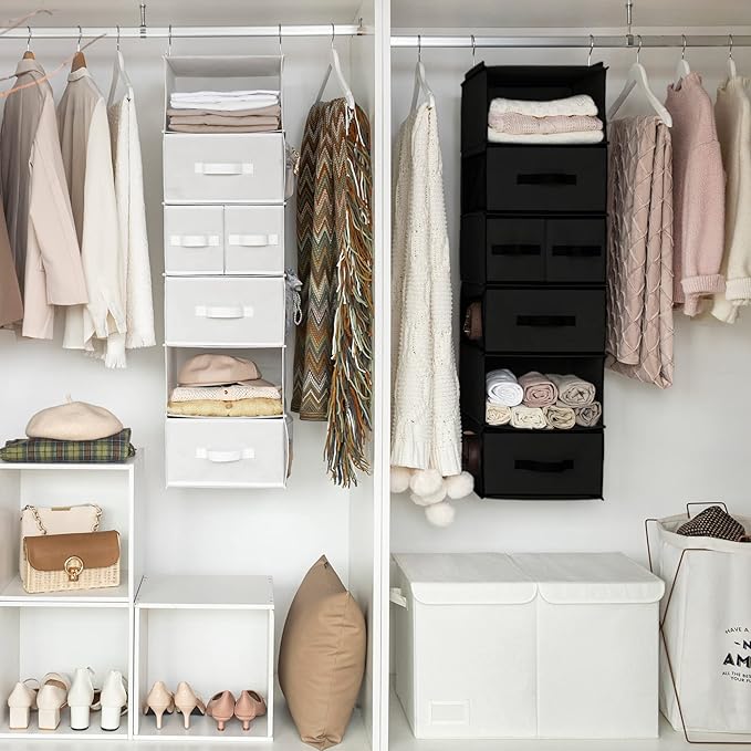 GRANNY SAYS Hanging Closet Organizer 6 Shelves, Closet Organization and Storage with 5 Different Drawers, 6 Side Pockets Wardrobe Clothes Organizer for Closet, Black, 1-Pack