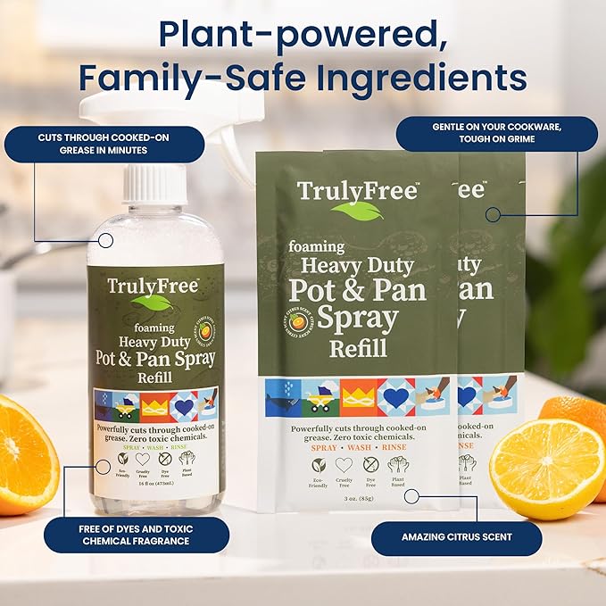 Heavy Duty Pot & Pan Spray - Powerful Foaming Grease Remover, Multi-Purpose Kitchen Cleaner Spray Degreaser for Oven, Stoves, Grill & More, Citrus Scent - Includes 1 Empty Bottle & 2 Refill