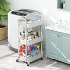 Sywhitta 3-Tier Plastic Rolling Utility Cart with Handle, Multi-Functional Storage Trolley for Office, Living Room, Kitchen, Movable Storage Organizer with Wheels, White