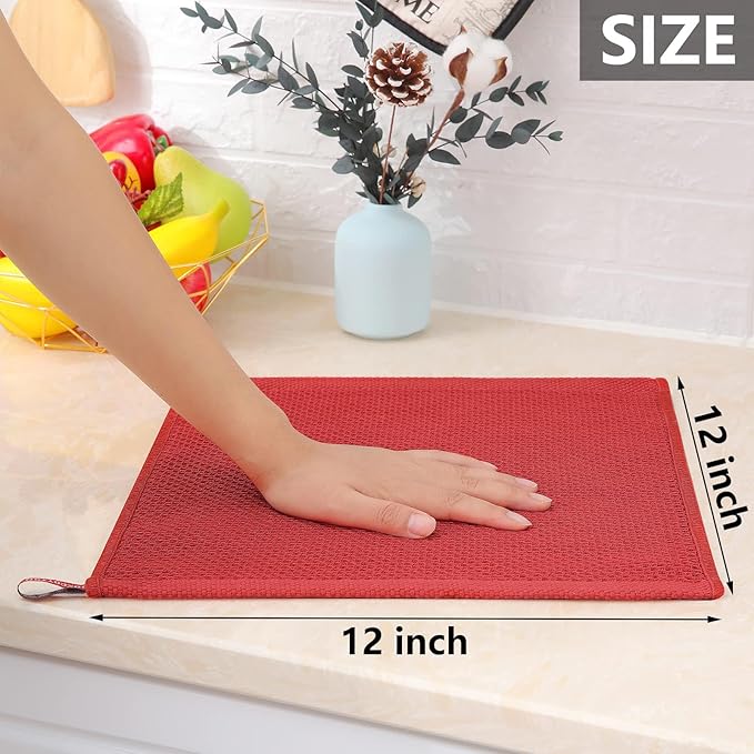 Homaxy 100% Cotton Waffle Weave Kitchen Dish Cloths, Ultra Soft Absorbent Quick Drying Dish Towels, 12 x 12 Inches, 12-Pack, Brick Red