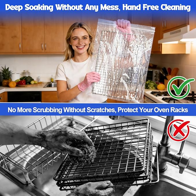 Juome Oven Rack Cleaning Bags, 5 Pack Reusable No Scrub Oven Rack Cleaning Bags Kit with 6 Gloves & 1 Brush, Leak Proof PE Bags (23.6*35.4inch & 31.5*39.4inch) for Deep Soaking BBQ Racks, Grill Grates