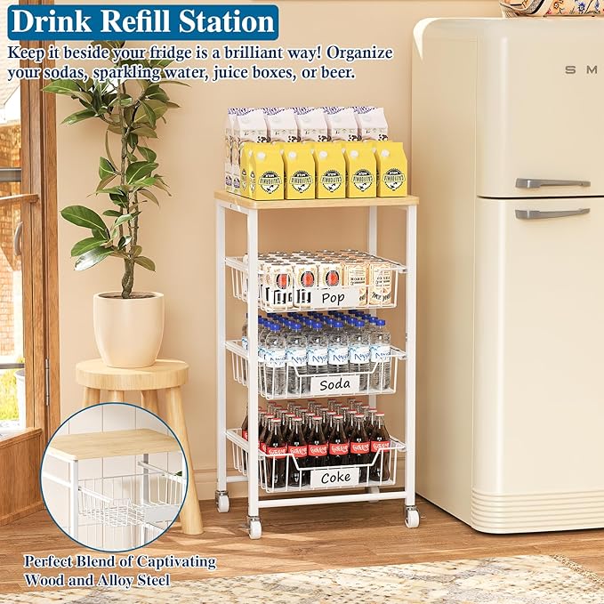 4-Tier Small Kitchen Storage Cart on Wheels with Pull-Out Drawers, Rolling Pantry and Snack Organizer Cart with Wood Top, Kitchen Floor Fruit Basket Stand for Fruit Potato Onion Veggie Snack