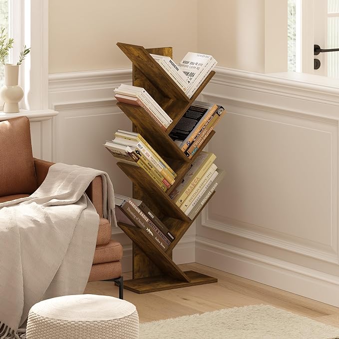 Furinno Tree Bookshelf 7-Tier Floor Standing Tree Bookcase, Amber Pine