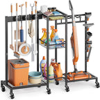 Broom Holder with Cleaning Supplies Organizer, Broom Closet Storage Cabinet with Cleaning Caddy Vacuum Stand, Cleaning Cart with Mop Hanger Gripper Rack Hook, Laundry Room Organization Home Essentials