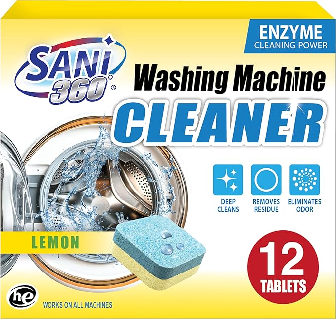 SANI 360° Washing Machine Cleaner, 12 Month Supply is Formulated with Enzyme, Deep Cleans and Deodorizes Front and Top Loading Washers